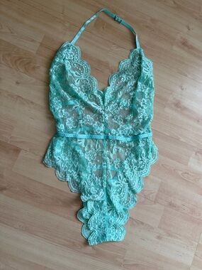 Sheer Lace Halter Teddy Bodysuit - Mint Green